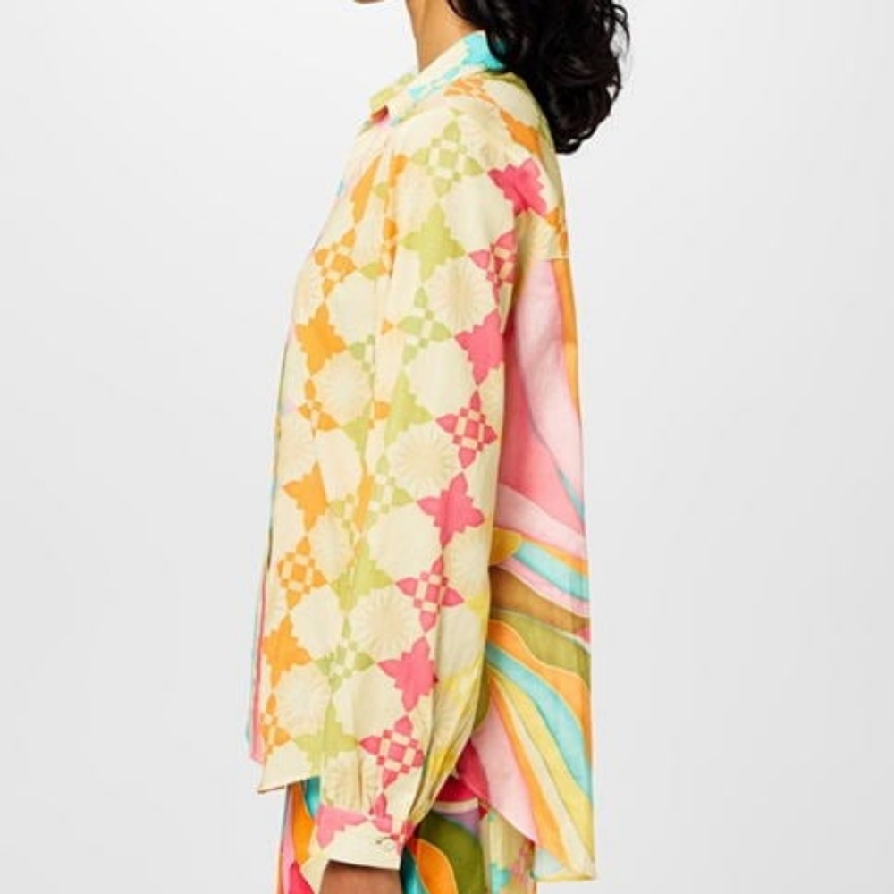 NEVER FULLY DRESSED 'Miley" Button Up Cotton Shirt Multi Pastel Abstract 16 - Picture 3 of 7